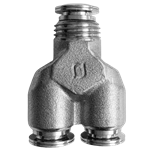 Nickel plated brass Union Y w metal collets 1/4".  We like to use this product at the base of trees when continuing the run.  This eliminates underground connections