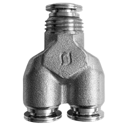 Nickel plated brass Union Y w metal collets 1/4".  We like to use this product at the base of trees when continuing the run.  This eliminates underground connections